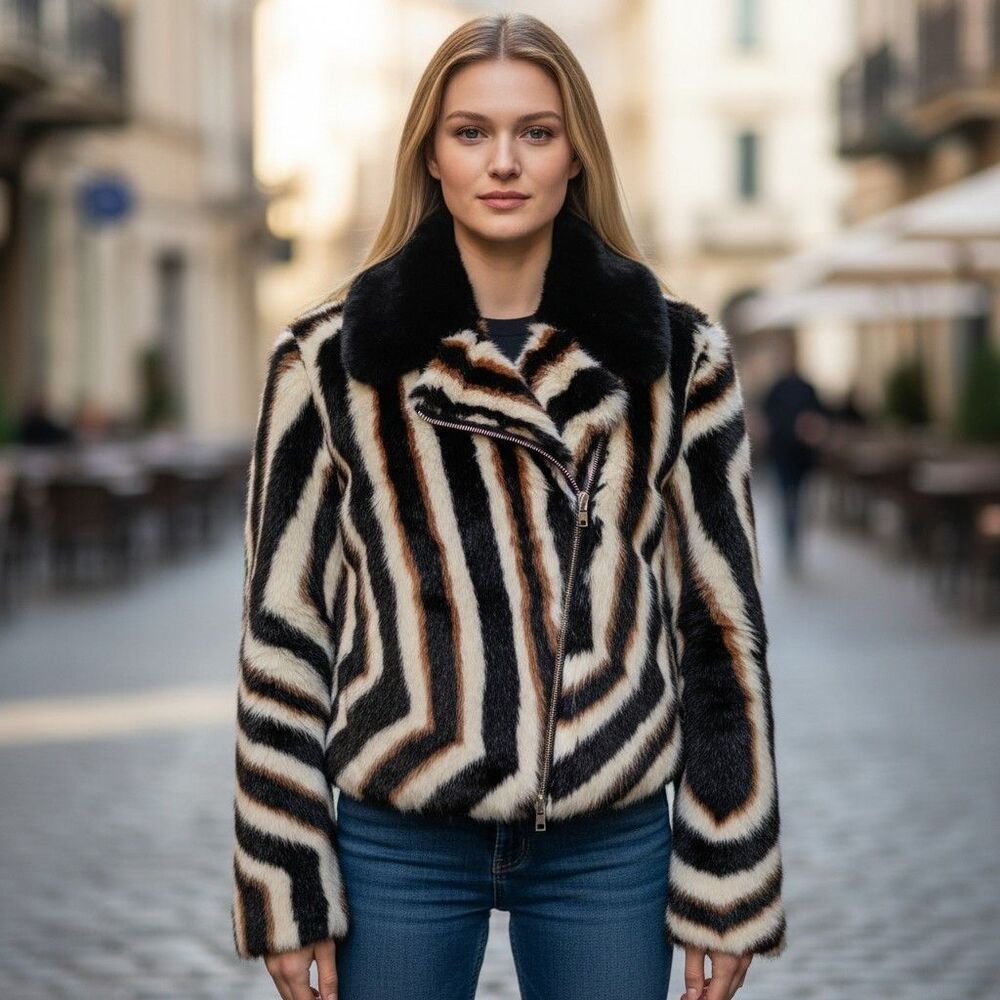 Urbancode London Faux Fur Coat Crop Stripped Womens 8 Multicolor Full Zip Collar